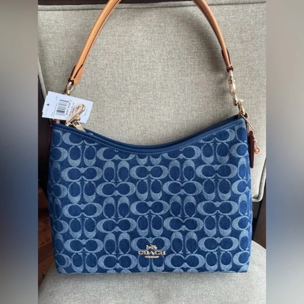 Coach Blue Signature Jacquard Shoulder Bag with Tan Leather Strap - Picture 3 of 8